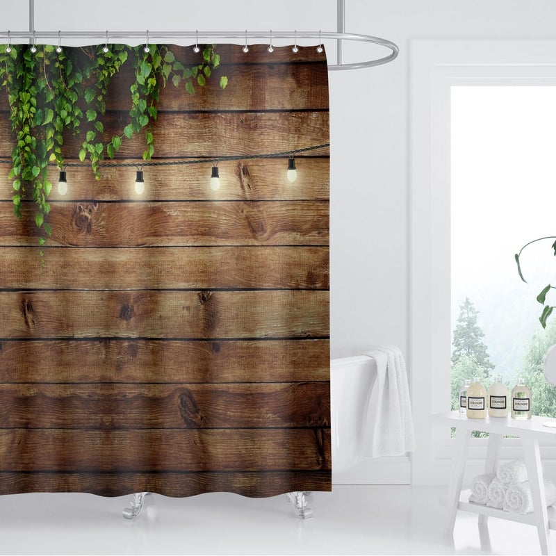 ZXMBF Rustic Wooden Board Shower Curtain Green Leaves on Vintage Wood Country Life Theme Grunge Planks Barn House Door Waterproof Fabric Bathroom Decor 72x72 Inch Plastic Hooks 12PCS Wood Board - Image 2